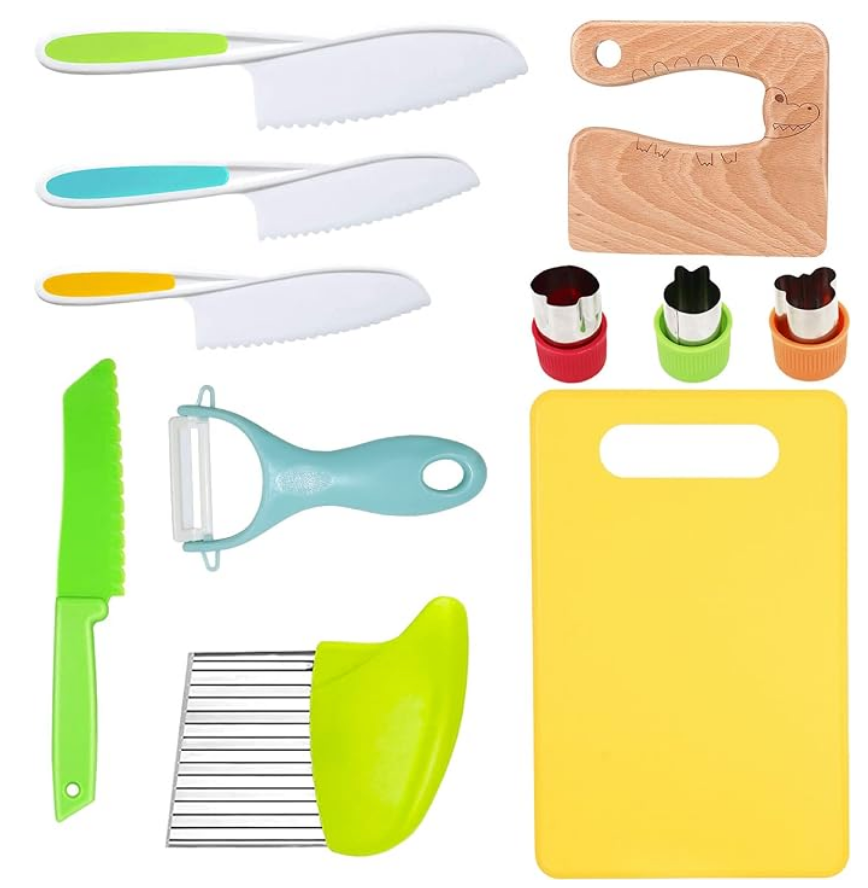 Montessori kids kitchen tools including knives, peeler, cutting board and cookie cutter shapes so kids can get involved in creating their own nutritious lunchbox. 