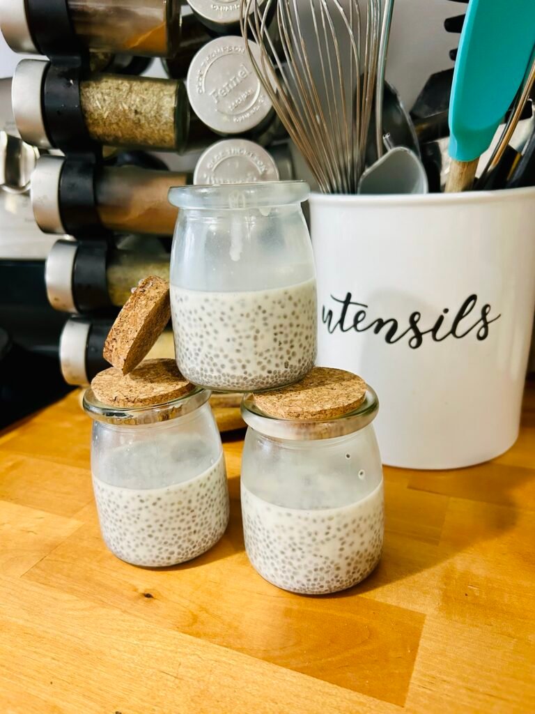 Easy and Nutritious Breakfast : Chia seed pudding in a glass yogurt jar 