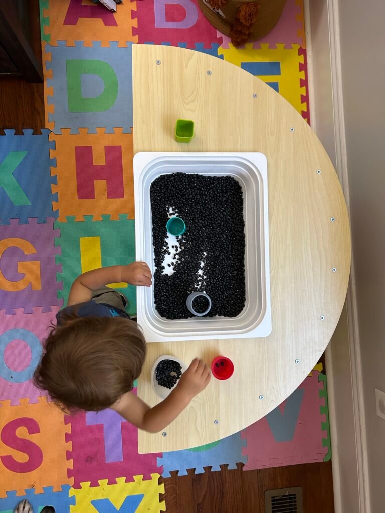 My son putting dried beans in different sized containers and practicing pouring them out. One easy Montessori for Toddlers activity. 